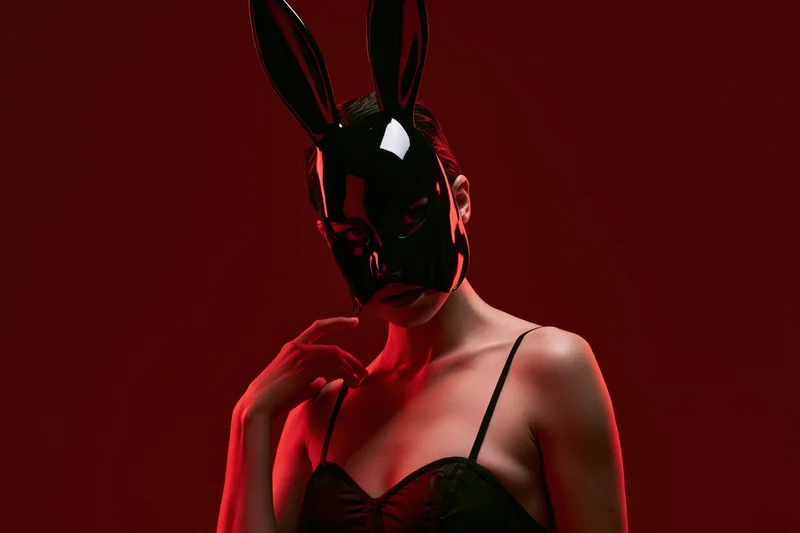 Woman wearing glossy black bunny mask posing in red light with hand near chin in studio setting