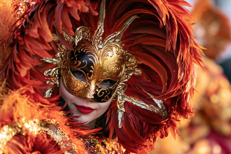 Woman wearing ornate gold and red venetian carnival mask with feathers in closeup portrait