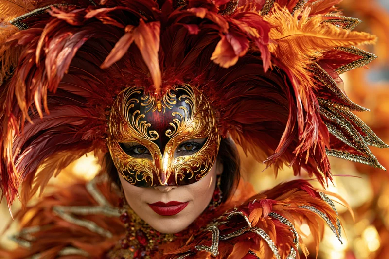 Woman wearing ornate venetian carnival mask with gold and red feathers, close-up portrait