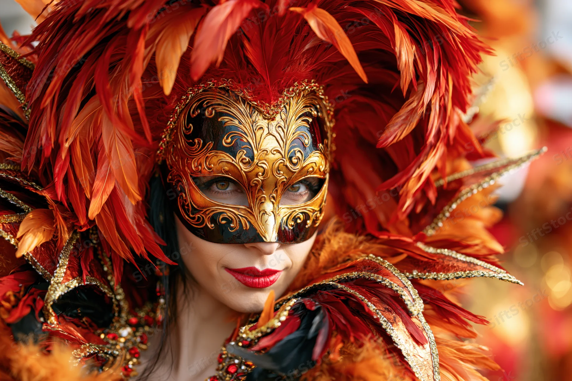 Woman wearing ornate venetian carnival mask with red feathers and gold embellishments, close-up portrait