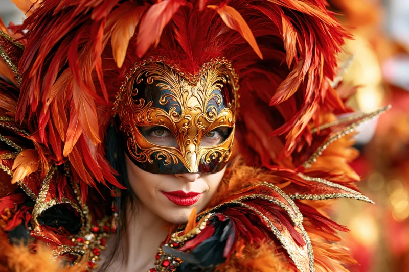 Woman wearing ornate venetian carnival mask with red feathers and gold embellishments, close-up portrait