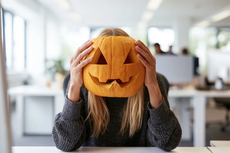 Woman holding carved pumpkin over face at office desk