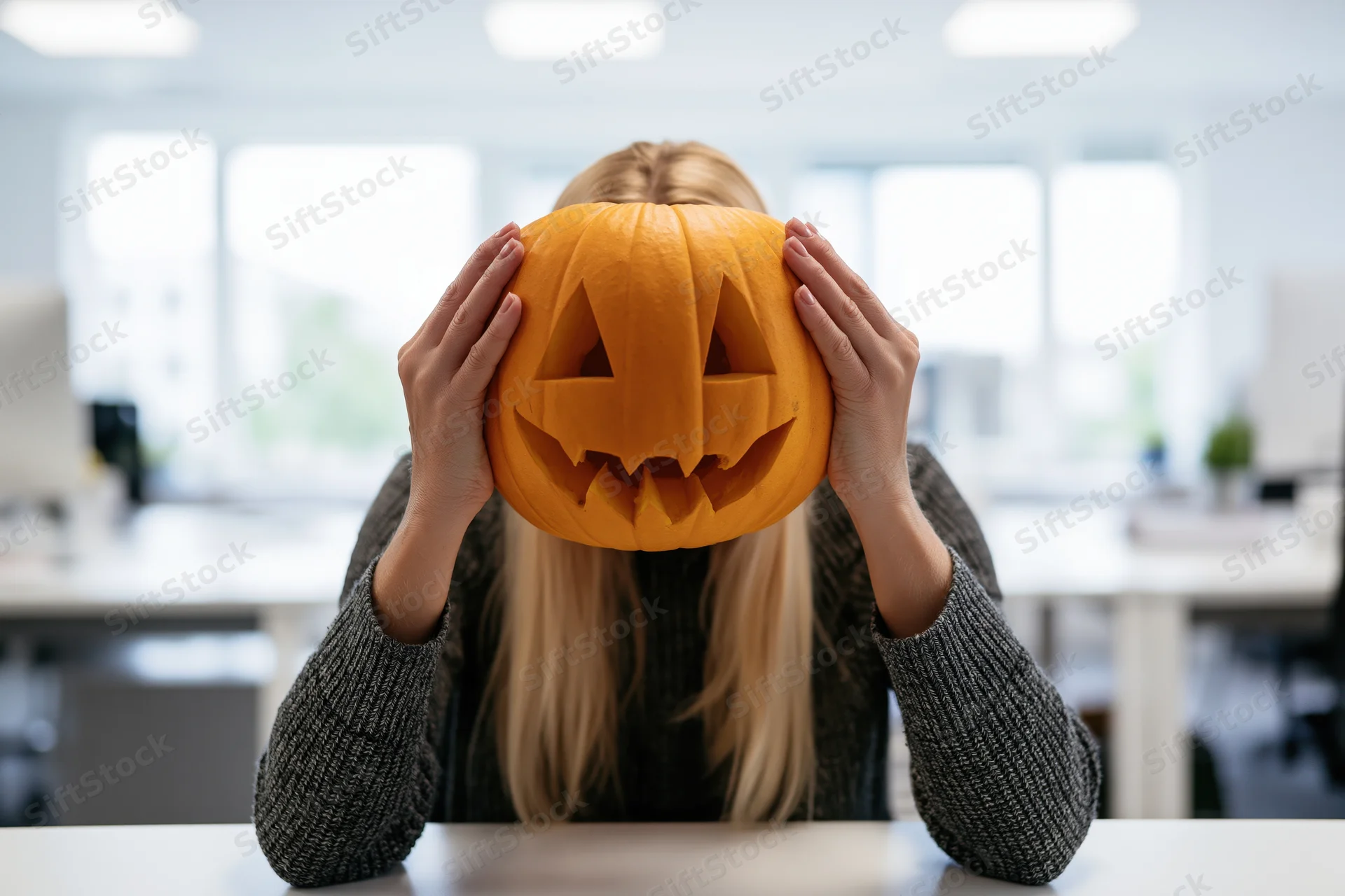 Woman holding carved pumpkin over face at office desk