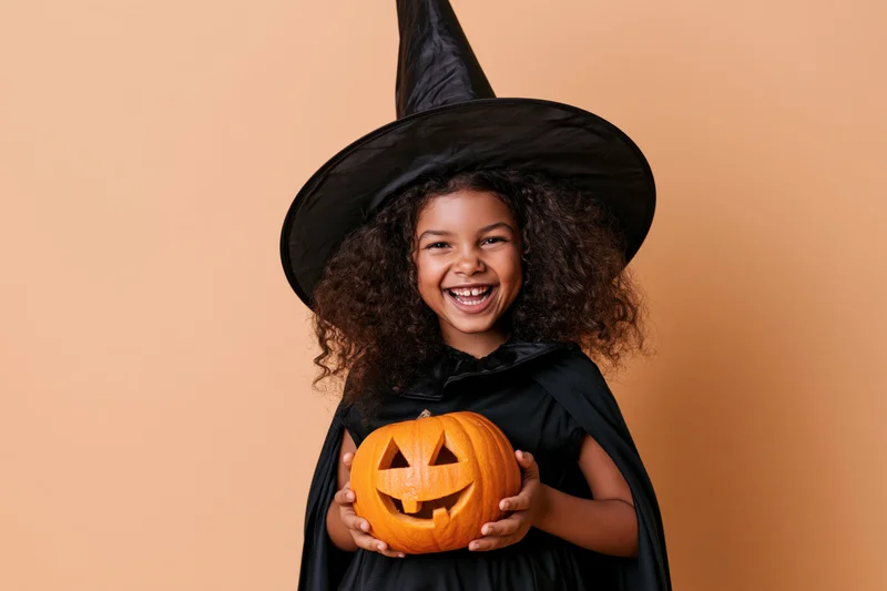 Young black girl in witch costume holding carved pumpkin, smiling against peach background