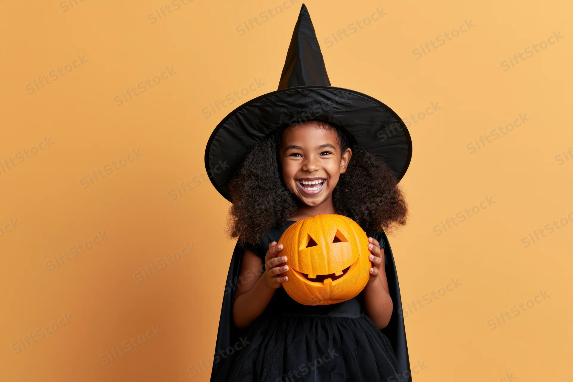 Young black girl in witch costume holding jack-o-lantern, smiling against orange background