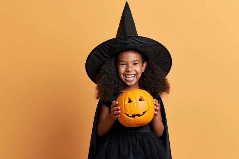 Young black girl in witch costume holding jack-o-lantern, smiling against orange background