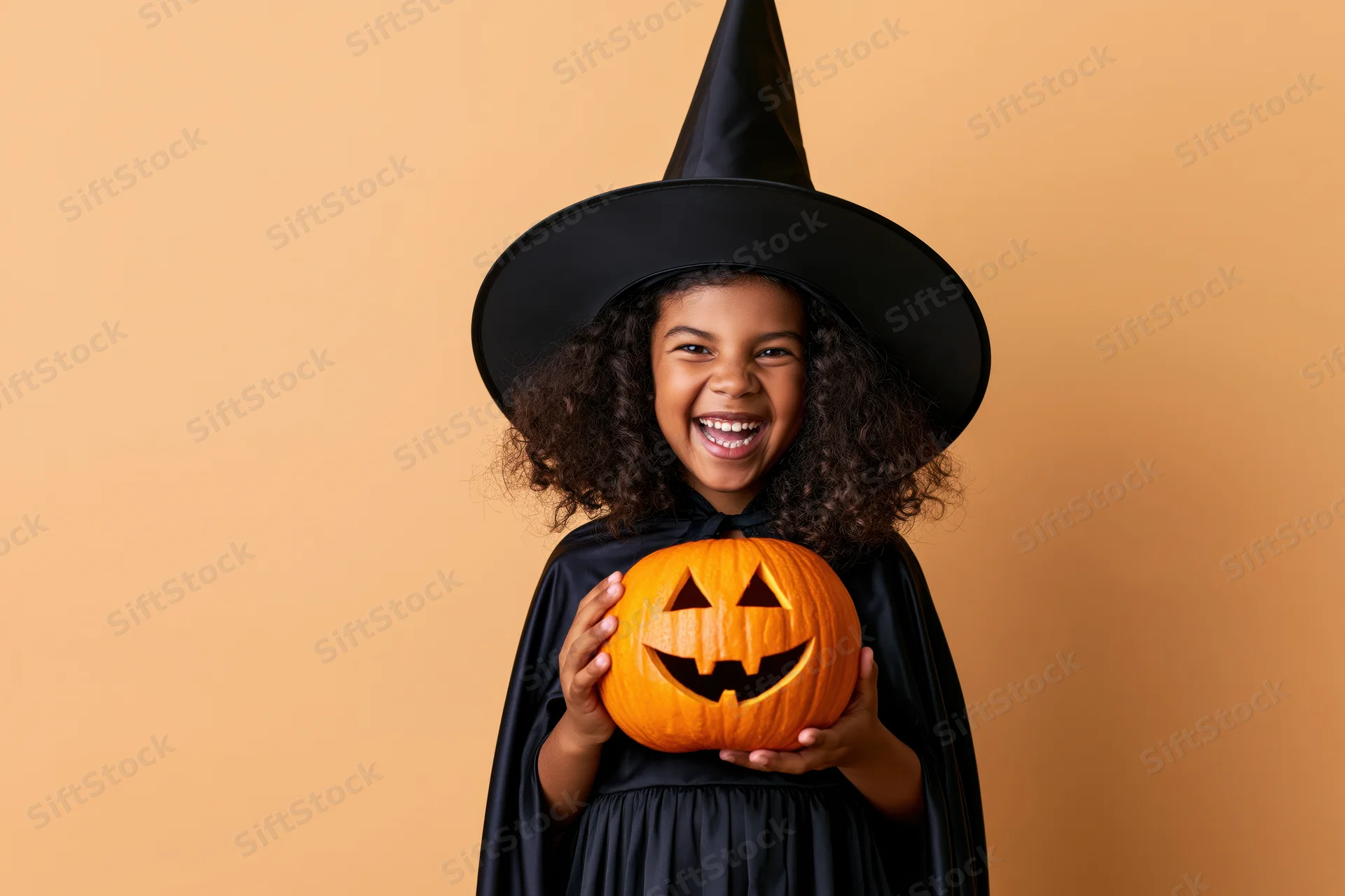 Young black girl in witch costume holding carved pumpkin, smiling against orange background