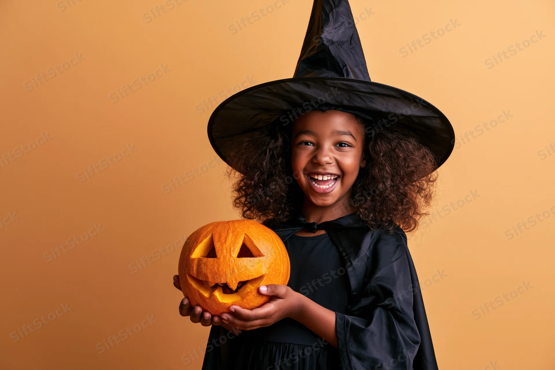 Young black girl in witch costume holding carved pumpkin, smiling against orange background