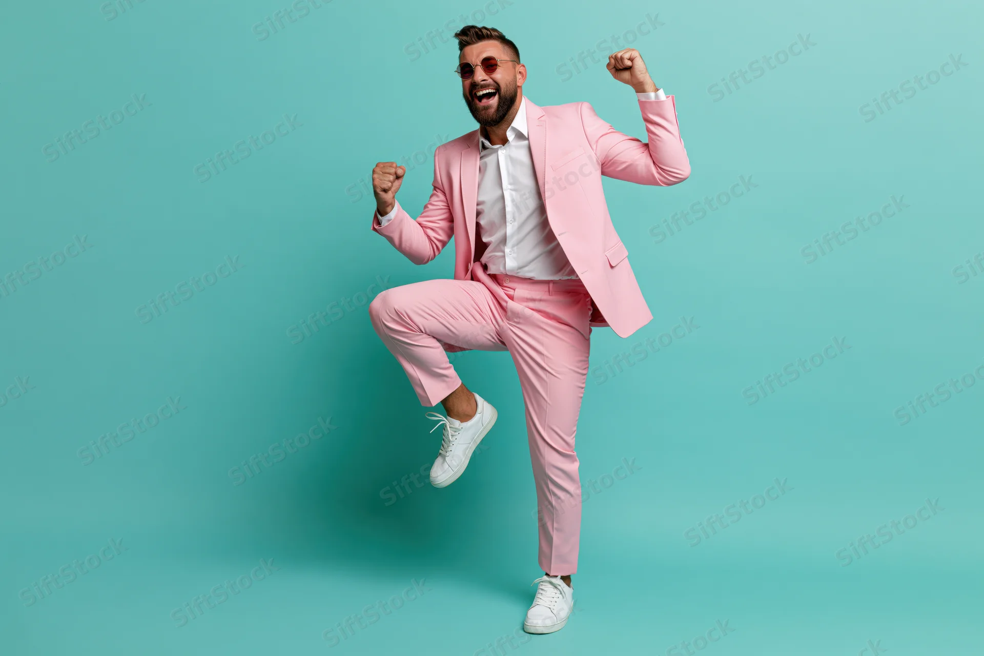 Young bearded man in pink suit jumping and dancing with fists raised against turquoise background