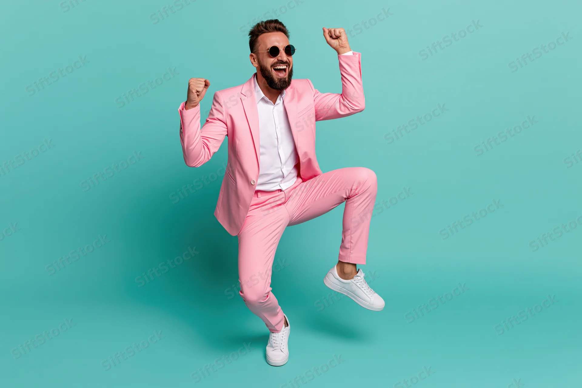 Man in pink suit dancing and celebrating with fists raised against turquoise background