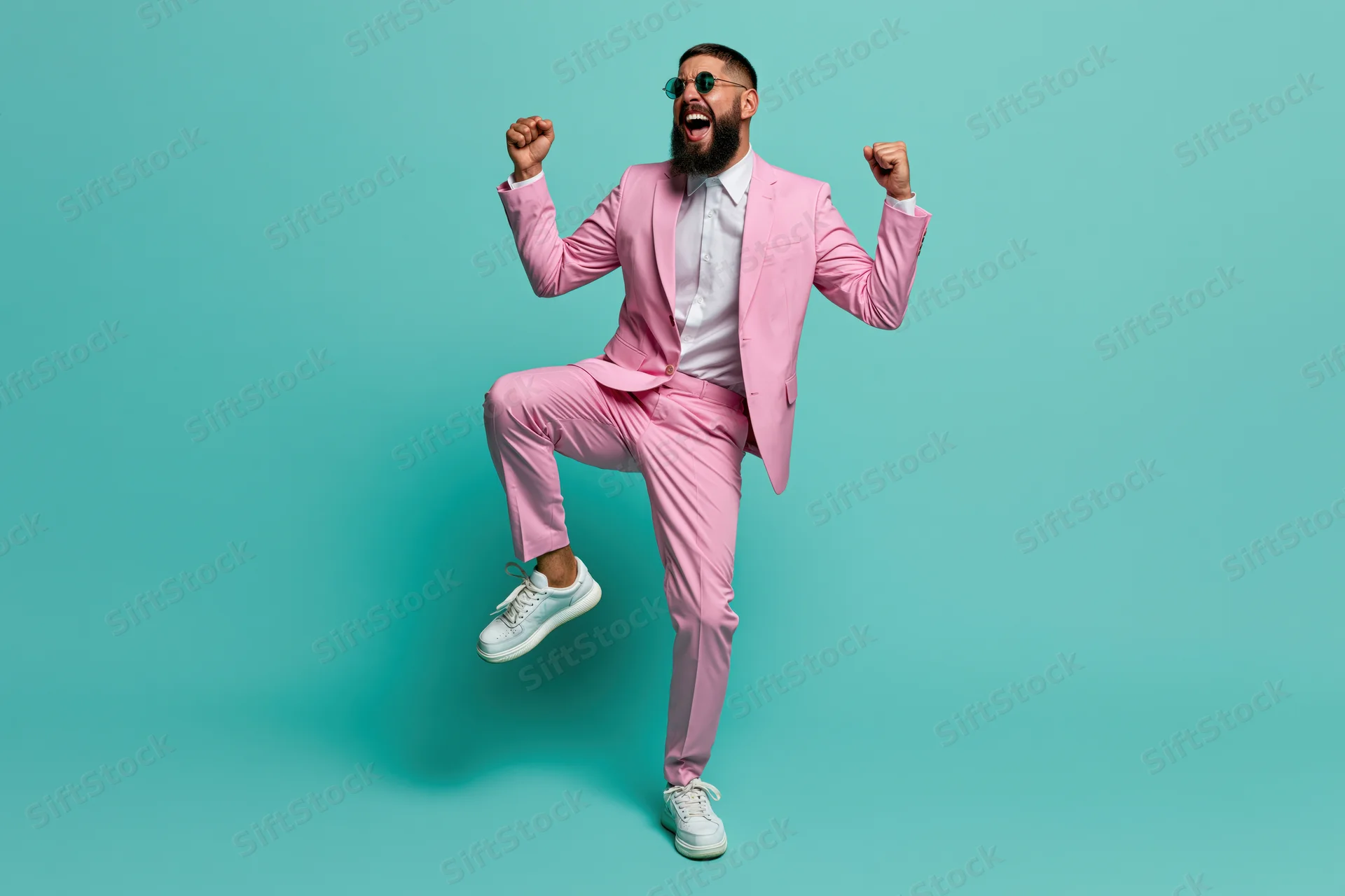 Bearded man in pink suit dancing and jumping with fists raised against turquoise background