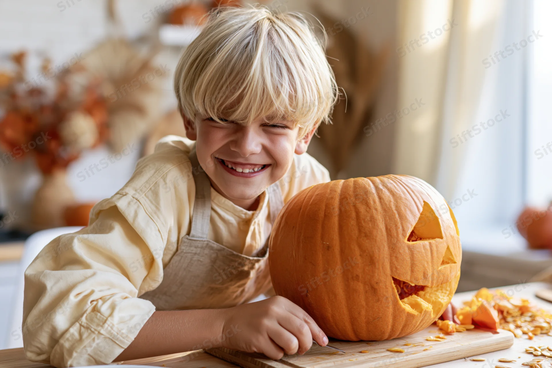 Young blonde boy smiling while carving a jack-o-lantern on a wooden table in a kitchen