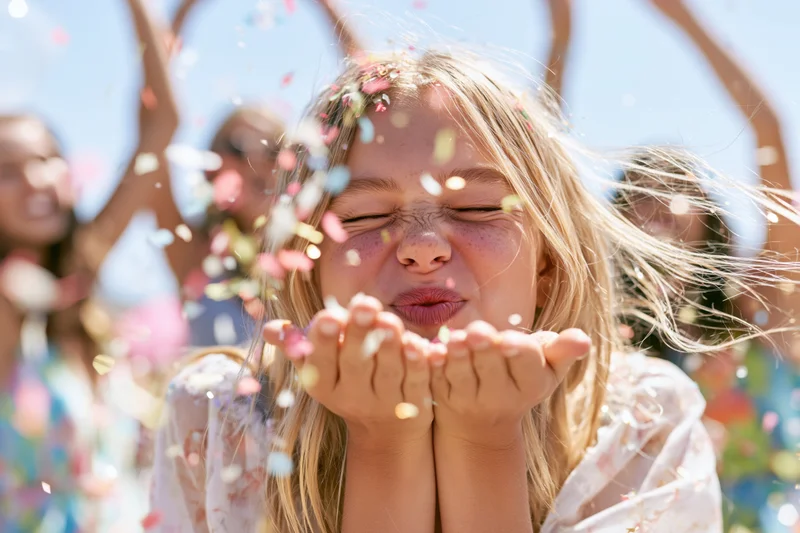 Young blonde woman blowing confetti outdoors with friends celebrating in bright sunlight