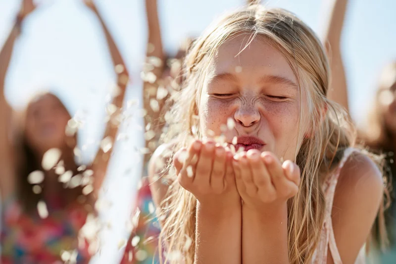 Young blonde girl blowing confetti outdoors with friends in the background