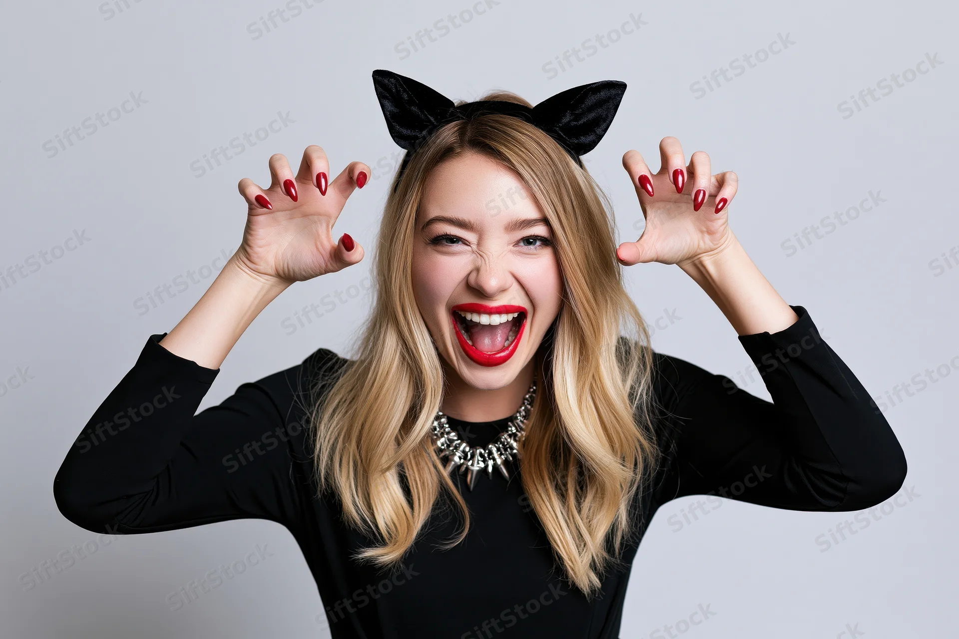 Blonde woman in halloween cat costume posing with raised hands and playful expression in studio