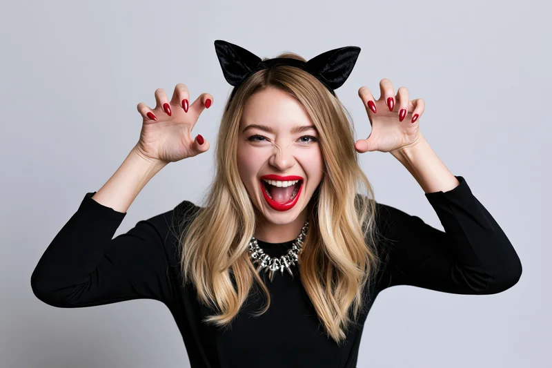 Blonde woman in halloween cat costume posing with raised hands and playful expression in studio