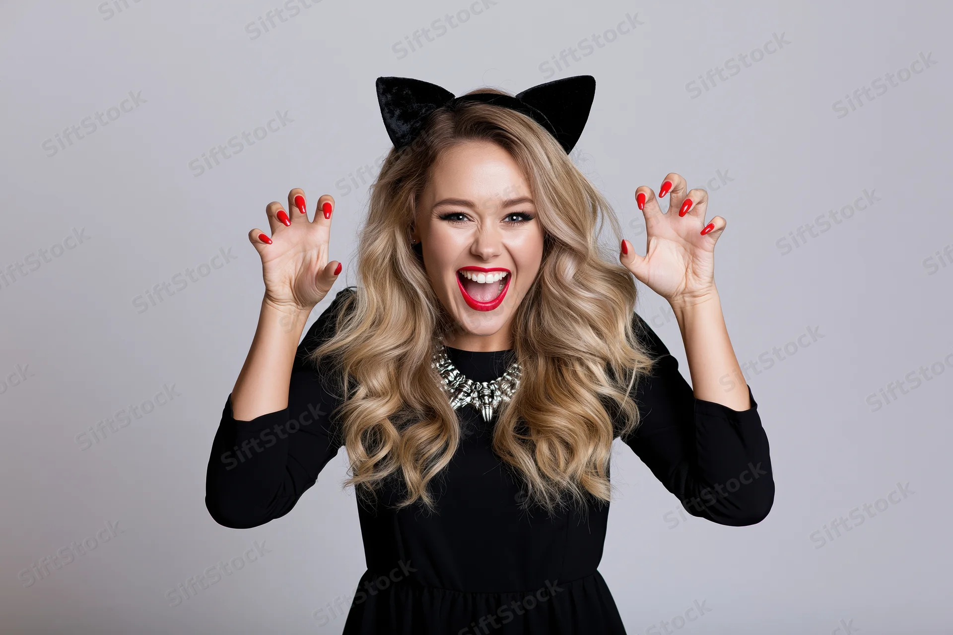 Young blonde woman in halloween cat costume smiling with raised hands in studio