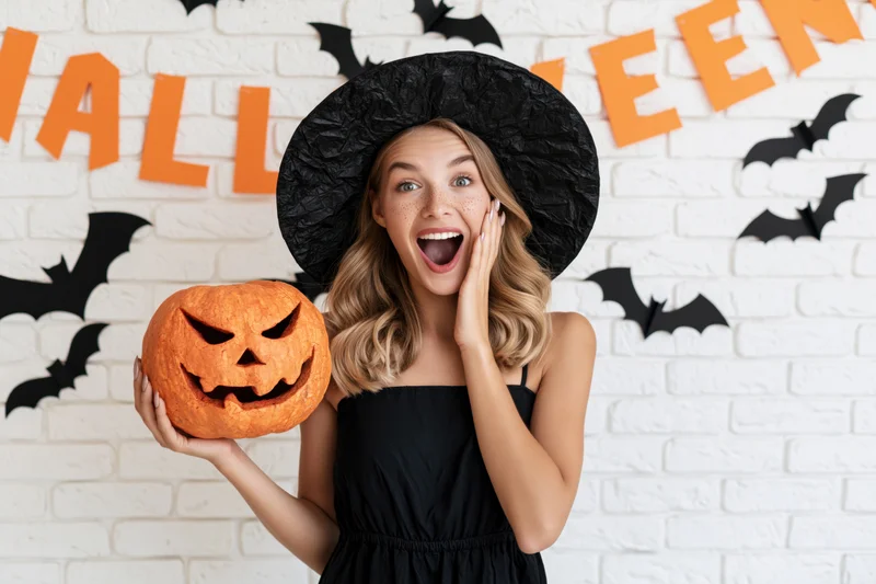 Young blonde woman in witch costume holding jack-o-lantern with surprised expression in front of halloween-decorated brick wall