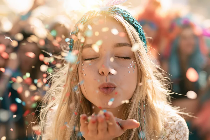 Young blonde woman blowing confetti from her hand at a festive outdoor party