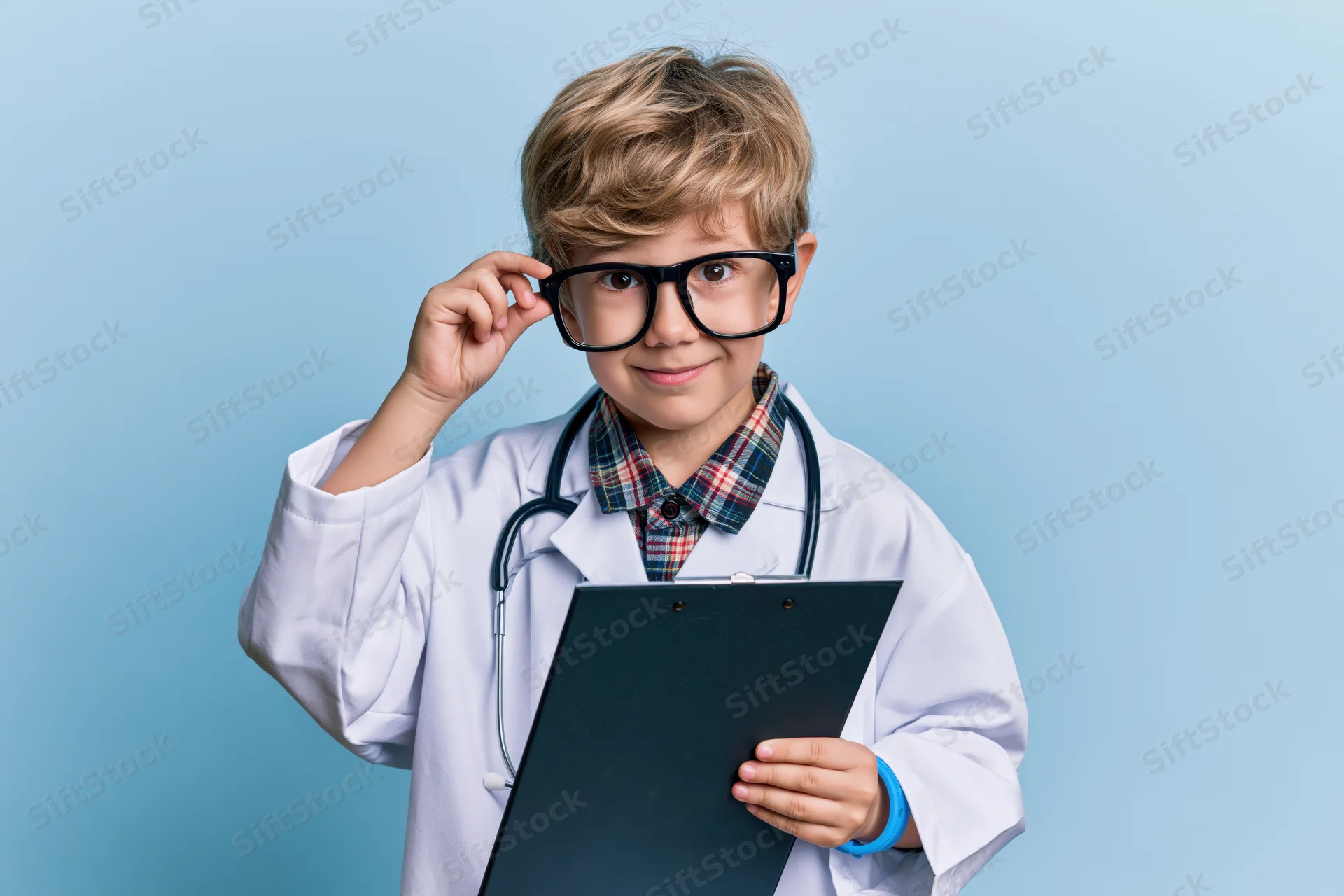 Young boy in oversized white lab coat holding clipboard and adjusting glasses with stethoscope around neck