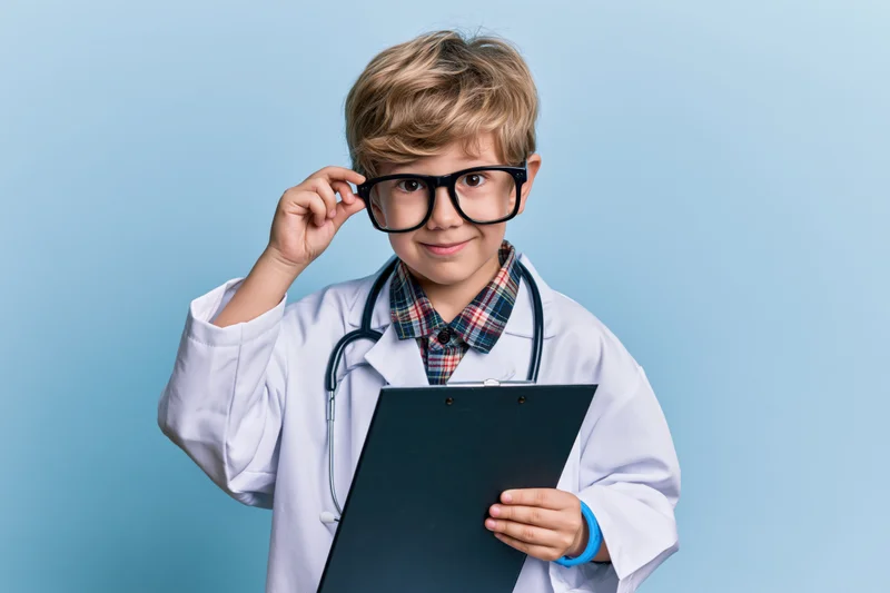 Young boy in oversized white lab coat holding clipboard and adjusting glasses with stethoscope around neck