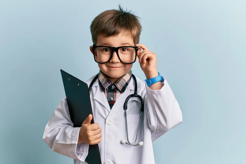 Young boy in white lab coat holding clipboard and wearing stethoscope and glasses, smiling at camera against light blue background