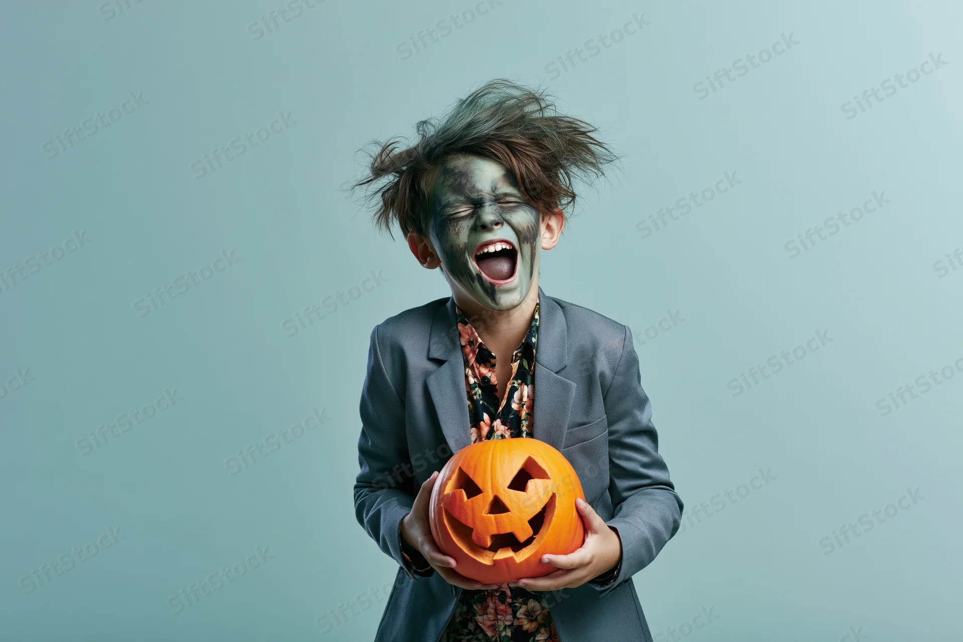 Young boy in zombie costume laughing while holding carved jack-o-lantern in studio