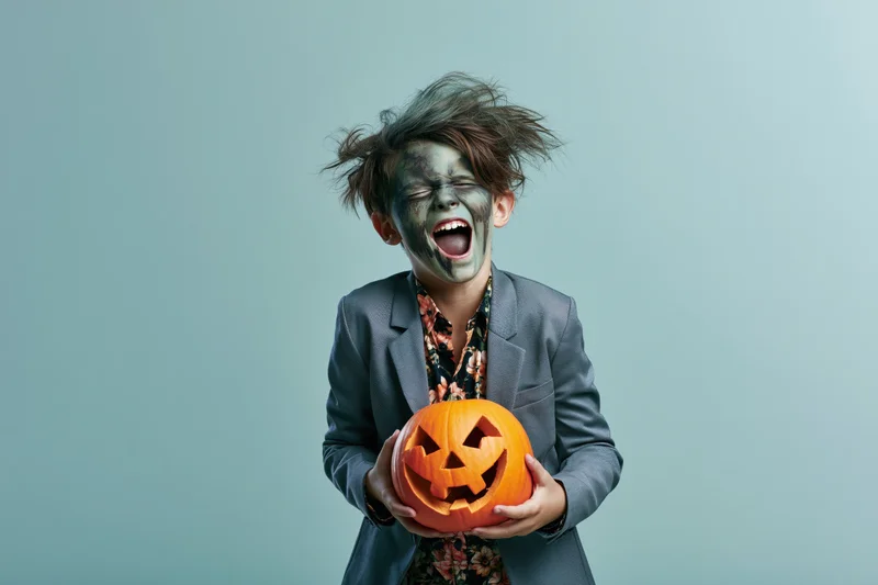 Young boy in zombie costume laughing while holding carved jack-o-lantern in studio
