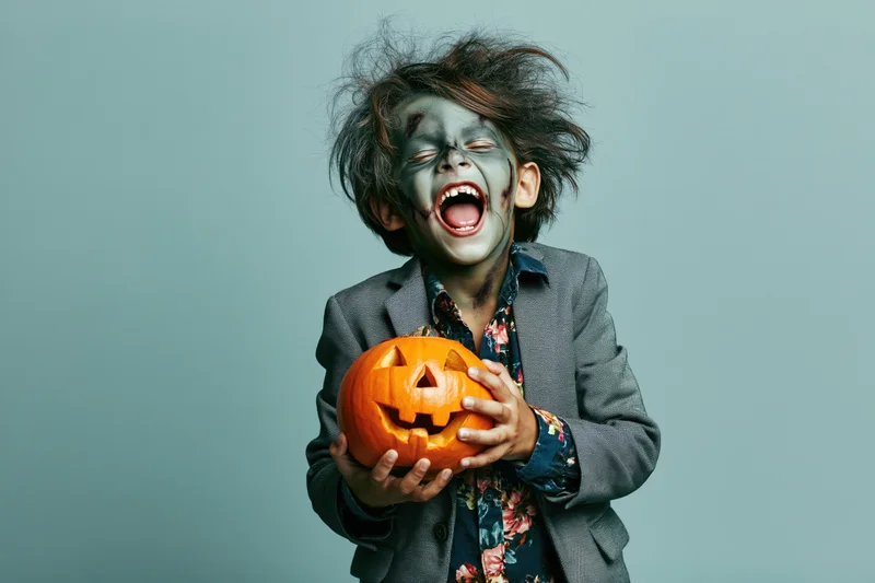 Child in zombie costume screaming while holding carved pumpkin in studio setting