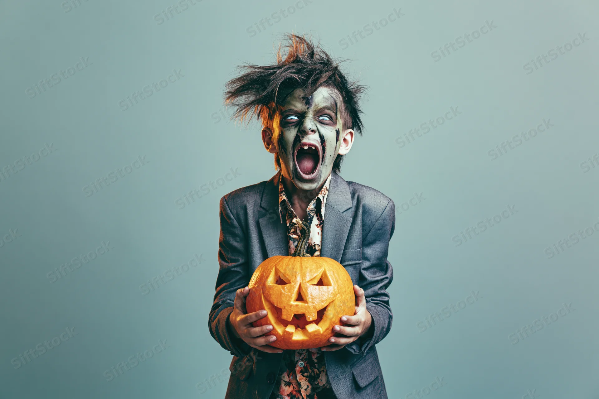 Young boy in zombie costume screaming while holding carved pumpkin in studio