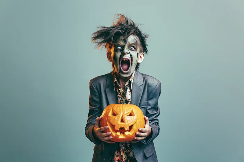Young boy in zombie costume screaming while holding carved pumpkin in studio