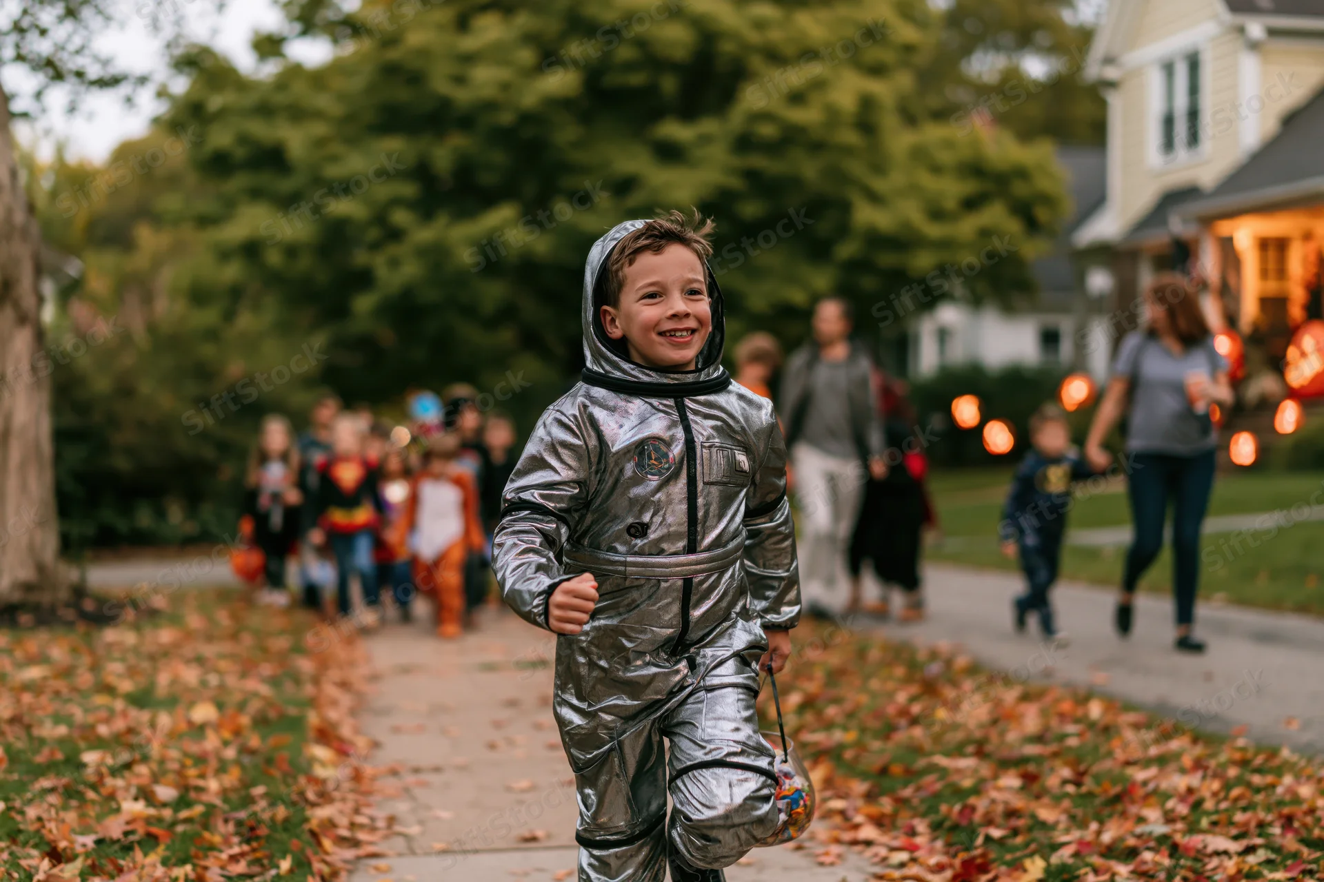 Young boy in silver astronaut costume running on sidewalk during halloween trick-or-treat in neighborhood