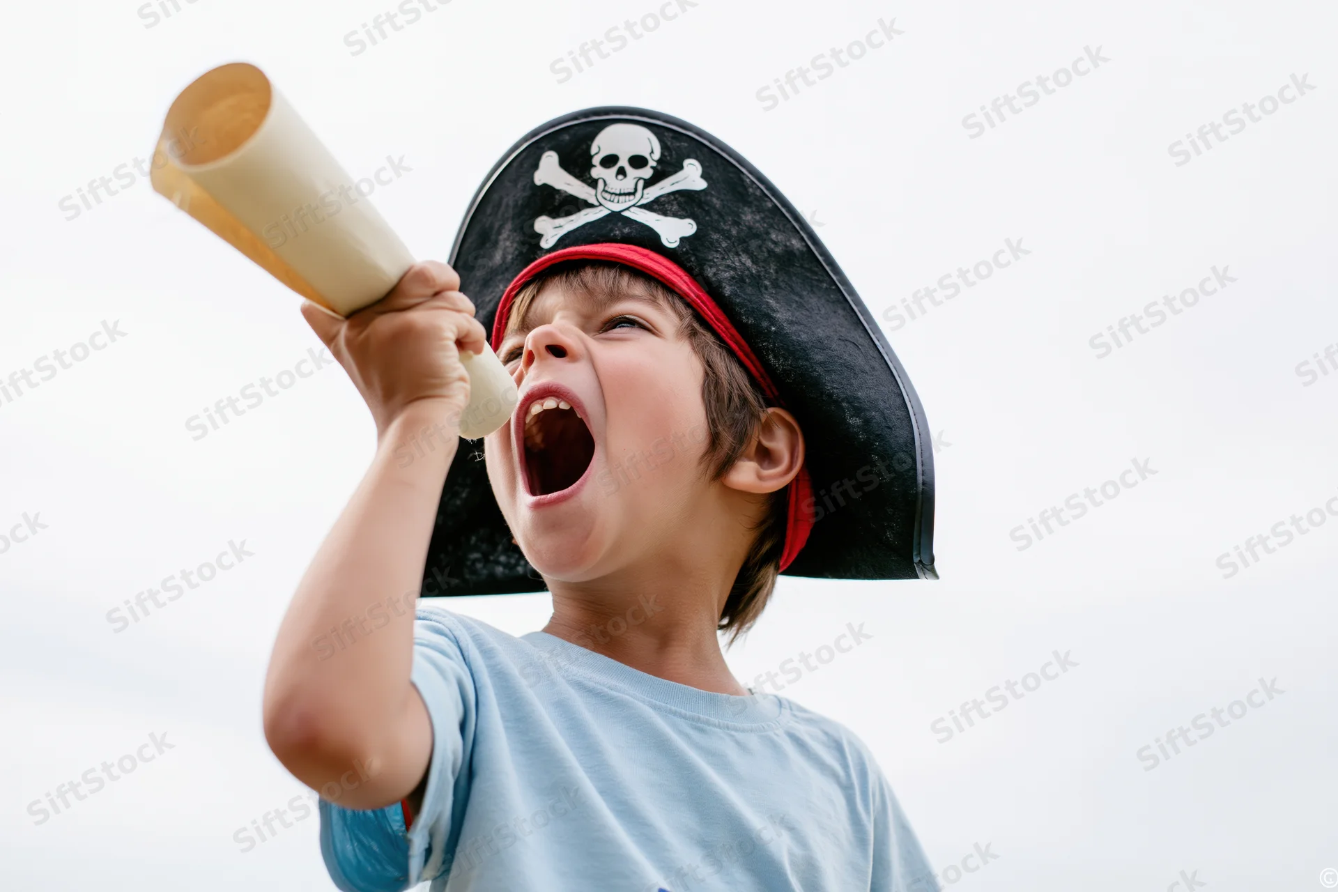 Young boy shouting into a paper tube while wearing a pirate hat outdoors