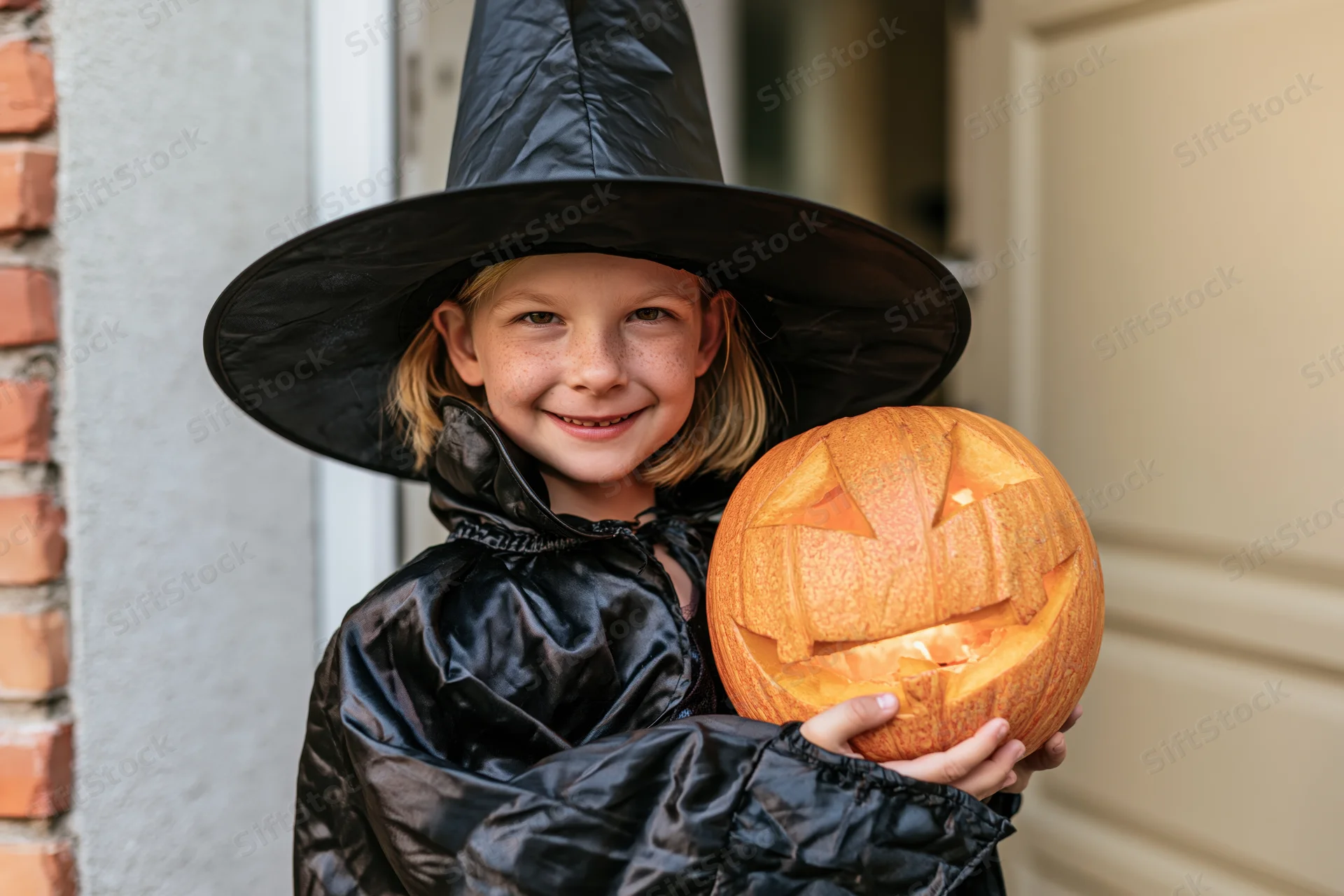 Young child in black witch costume holding carved pumpkin outside a door