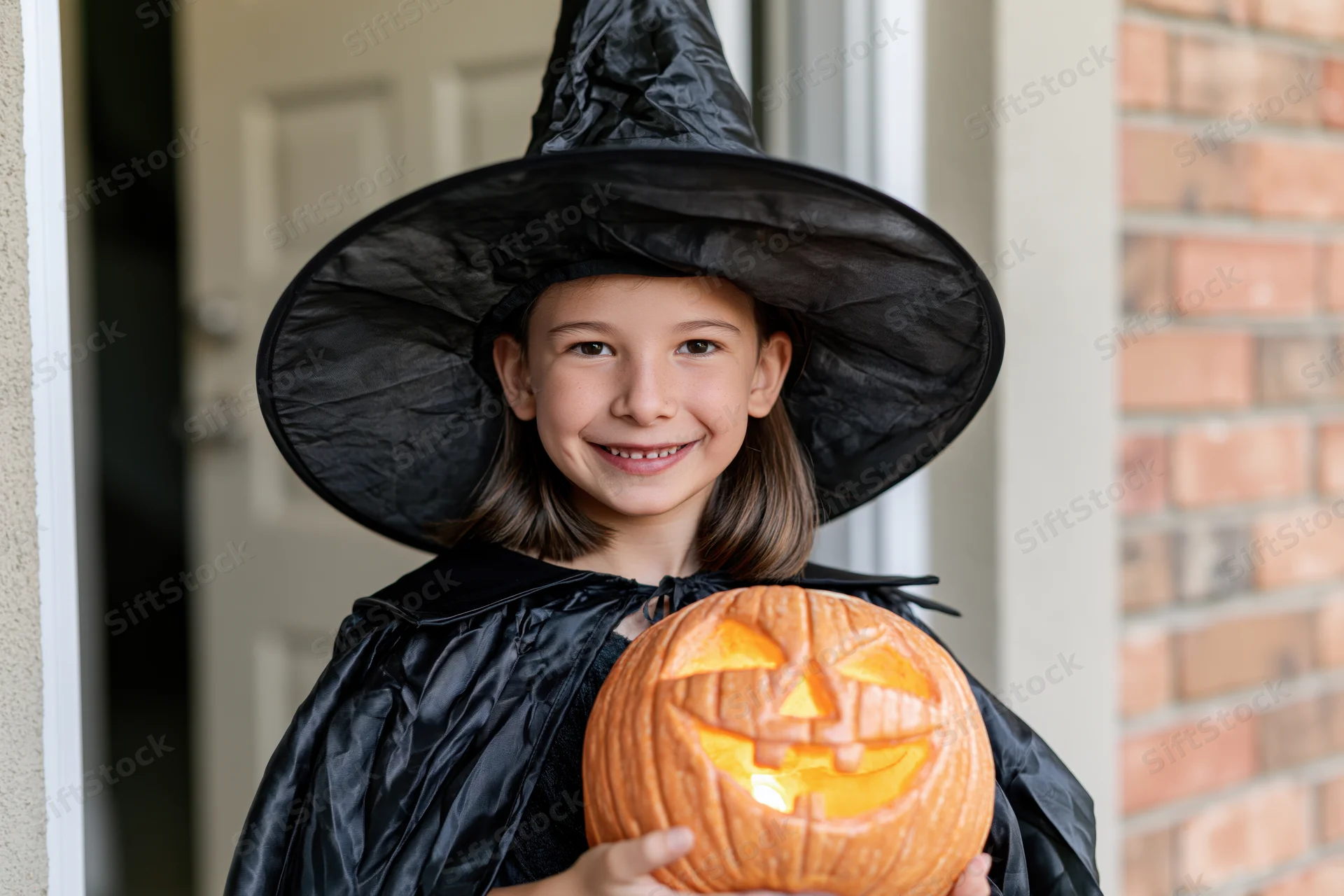 Young girl in witch costume holding carved pumpkin at front door
