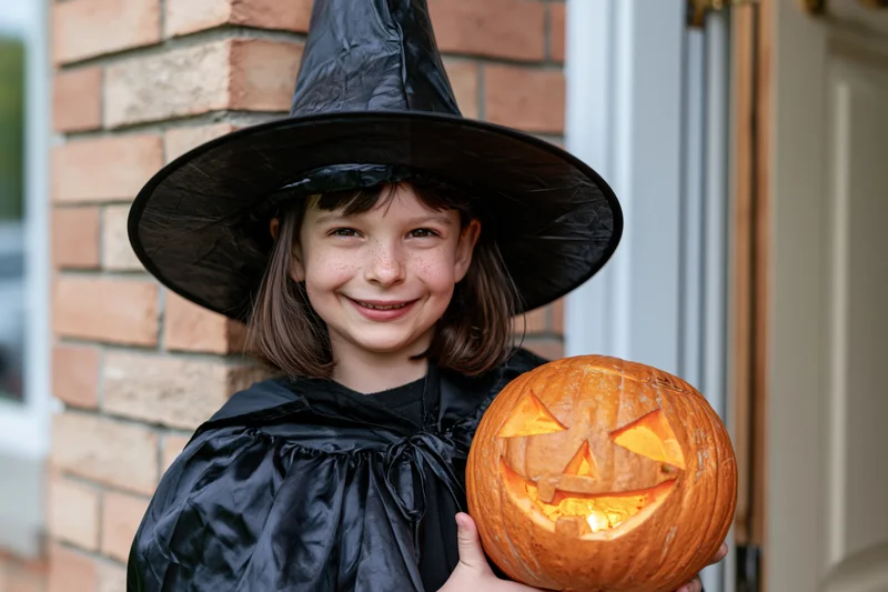 Young girl in witch costume holding carved pumpkin outside brick house door