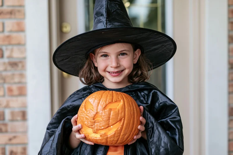 Young girl in witch costume holding carved pumpkin at front door