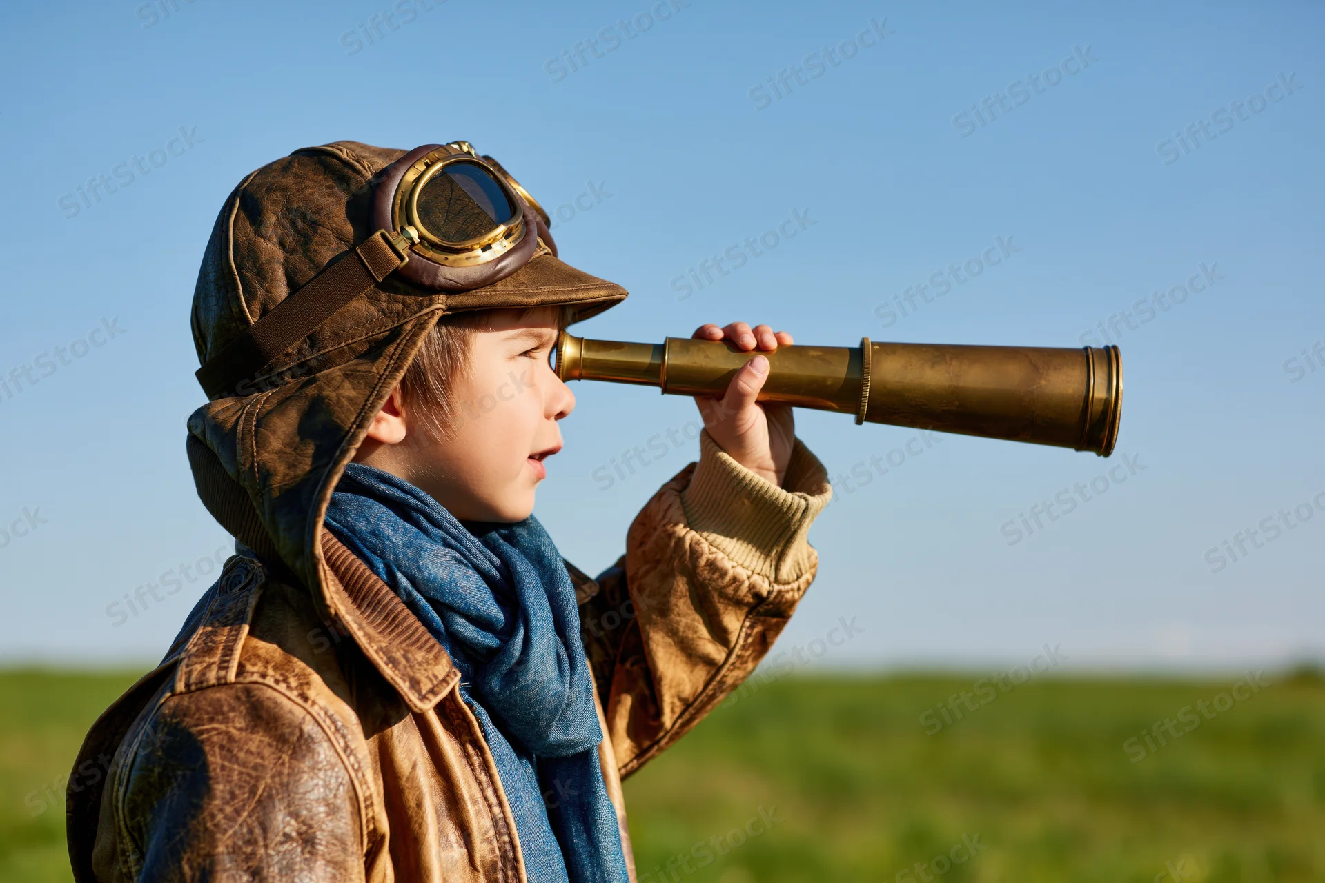 Young boy in vintage aviator costume looking through brass telescope in open field under blue sky