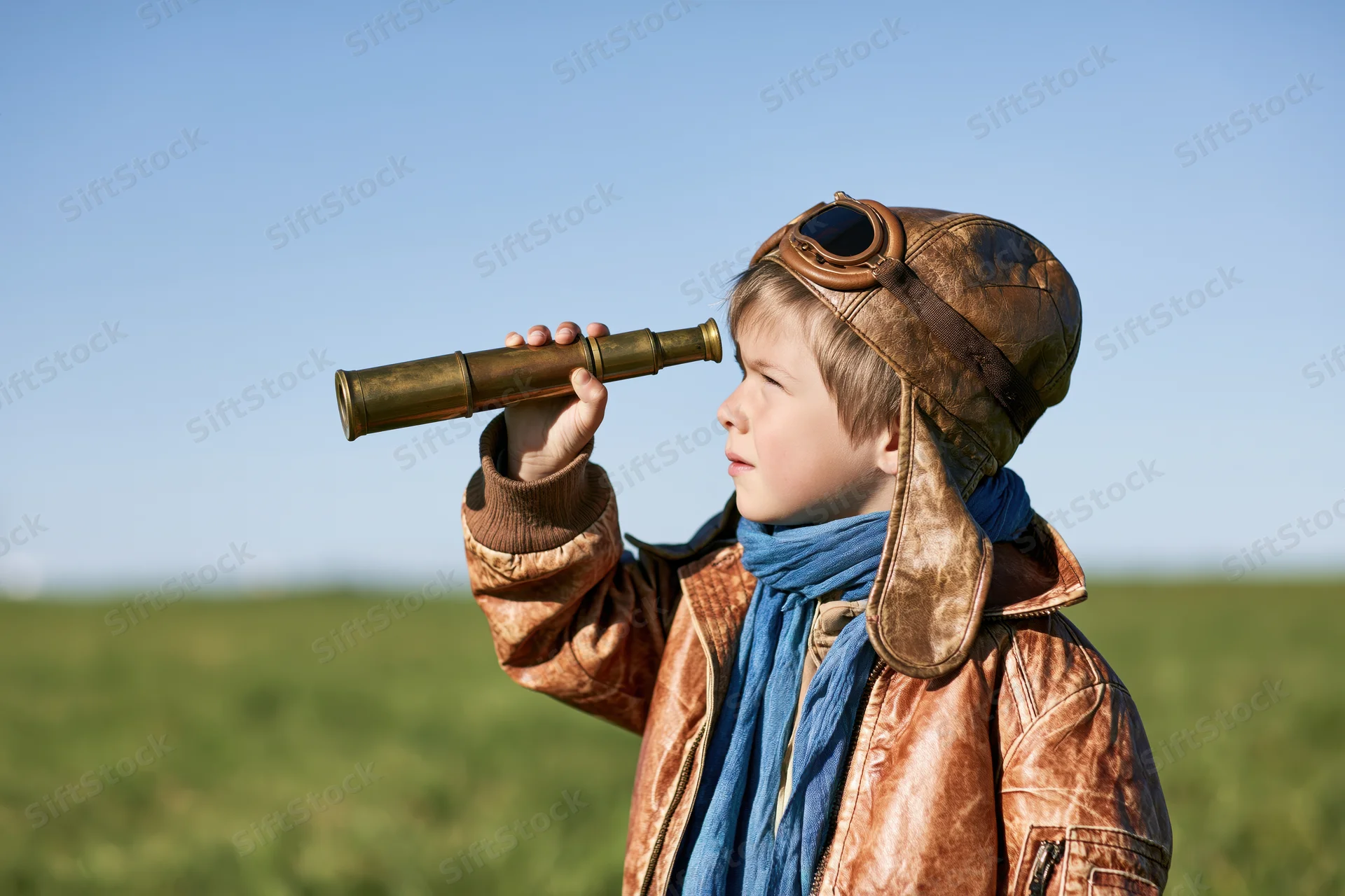 Young child in vintage aviator costume holding brass telescope outdoors in a grassy field under blue sky
