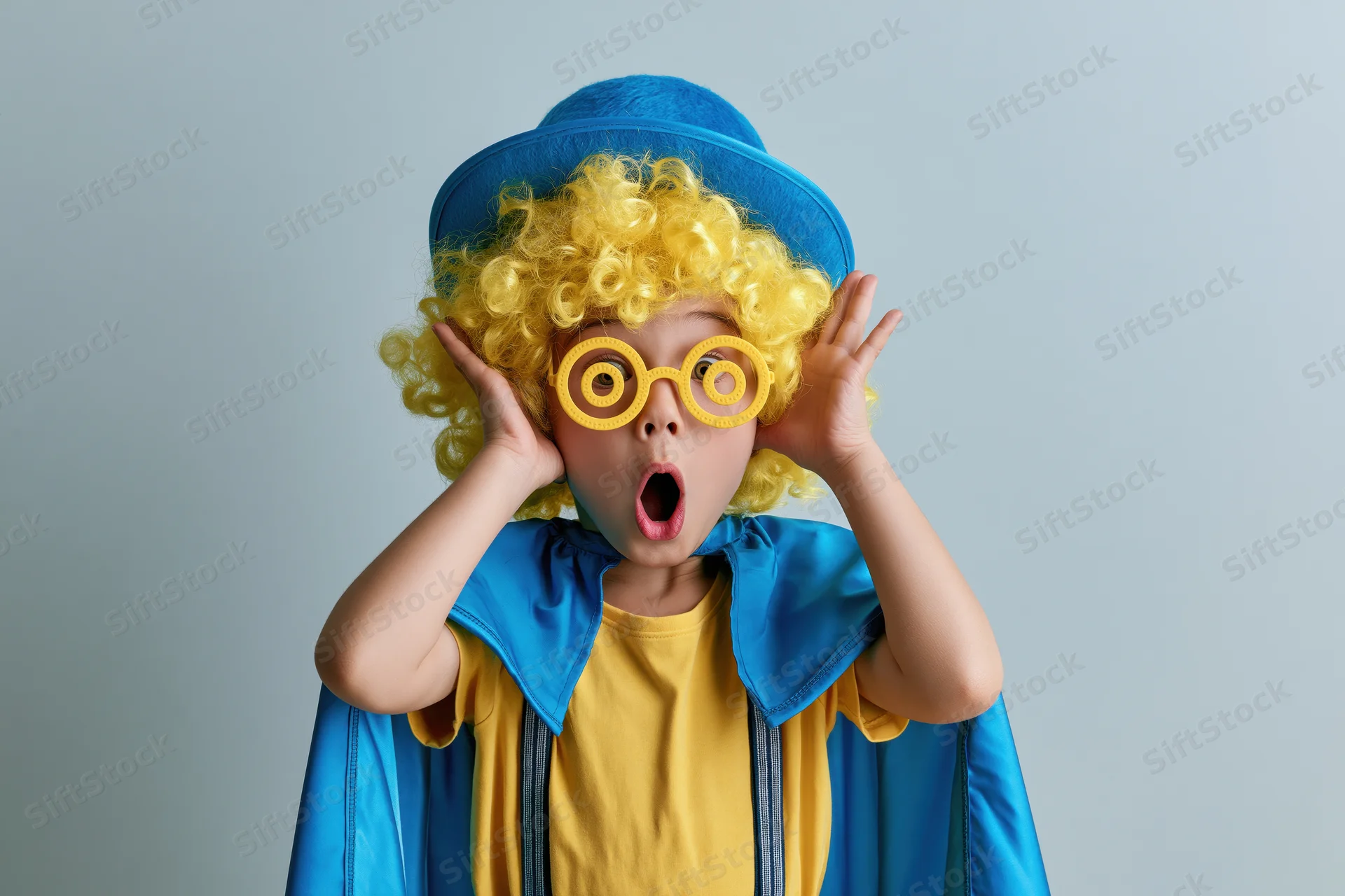 Child in clown costume with yellow wig and blue hat making exaggerated surprise expression indoors