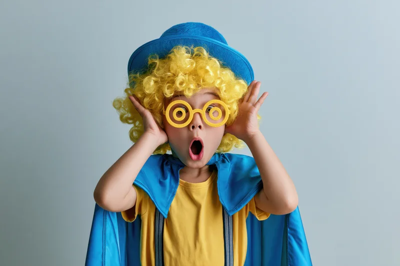 Child in clown costume with yellow wig and blue hat making exaggerated surprise expression indoors