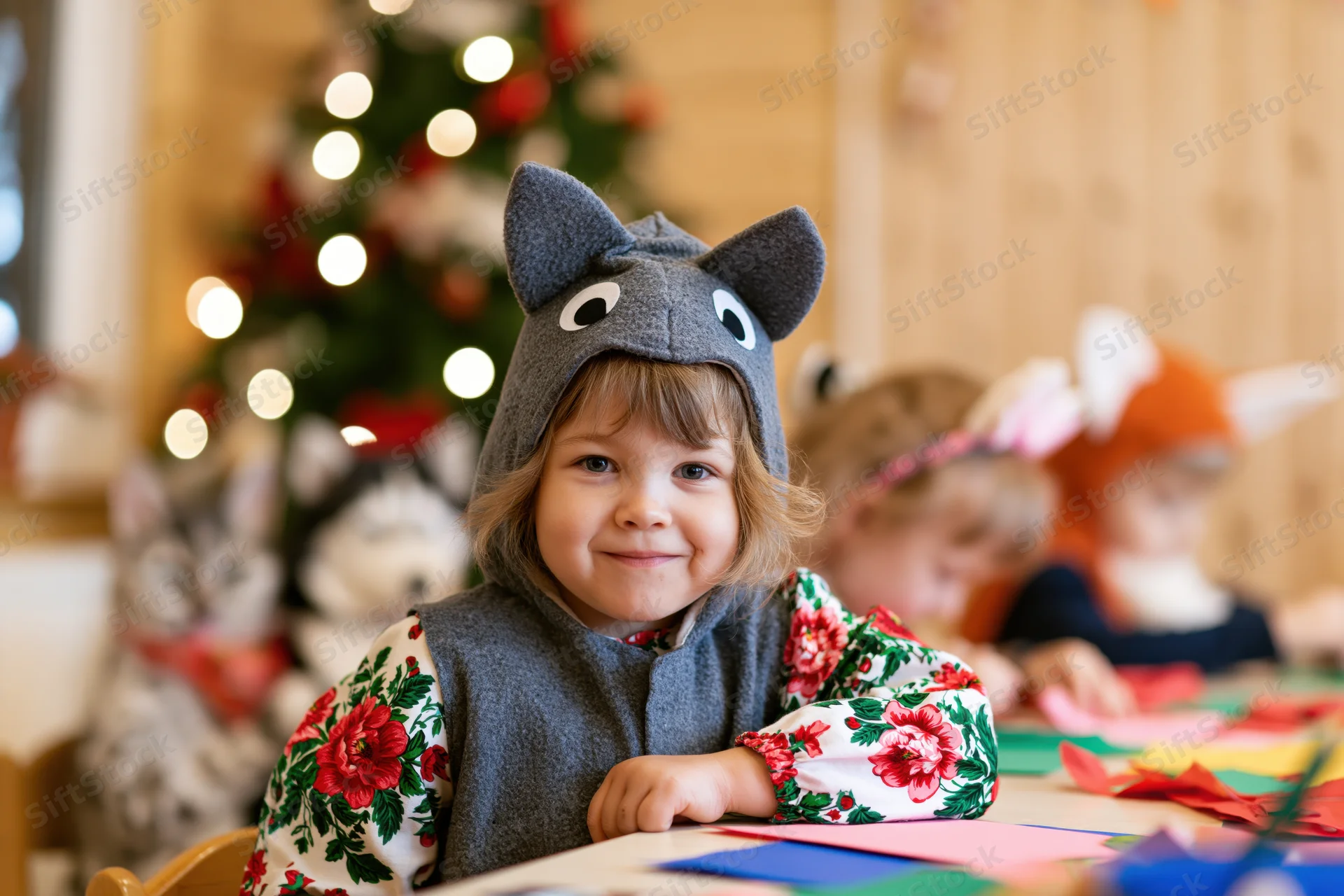 Young child in wolf costume smiling at table with craft supplies during christmas celebration