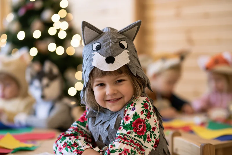 Child in grey wolf costume smiling at table with craft supplies during christmas celebration