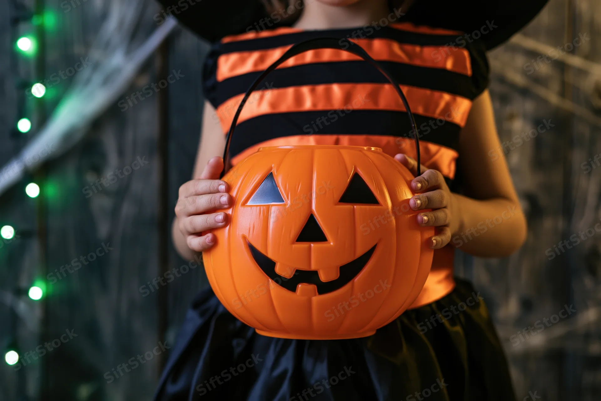 Child in witch costume holding orange pumpkin bucket for halloween trick or treat
