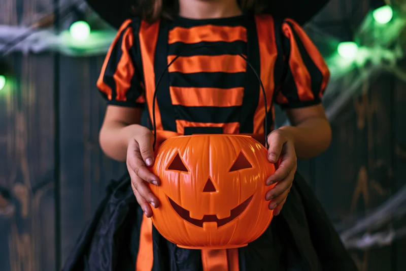 Young girl in witch costume holding orange pumpkin bucket for trick or treat