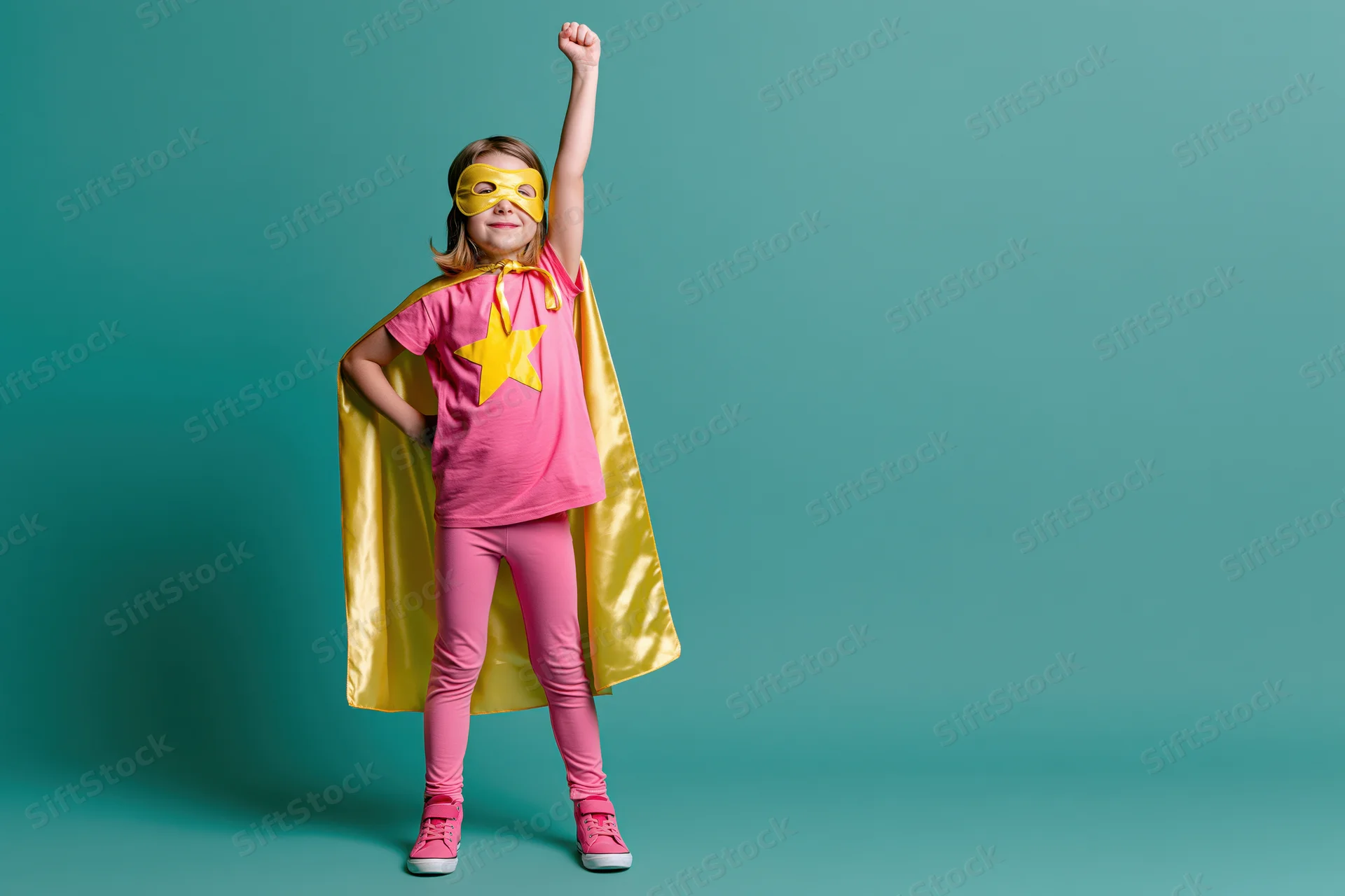 Young girl in superhero costume with raised fist posing against teal background