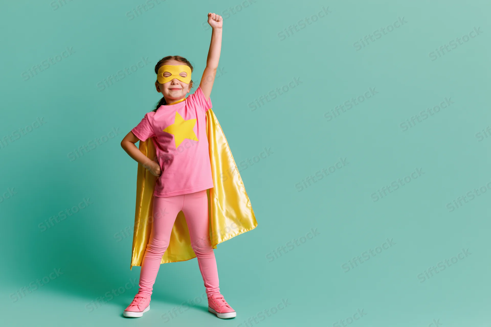 Young girl in pink and yellow superhero costume posing with one fist raised against teal background