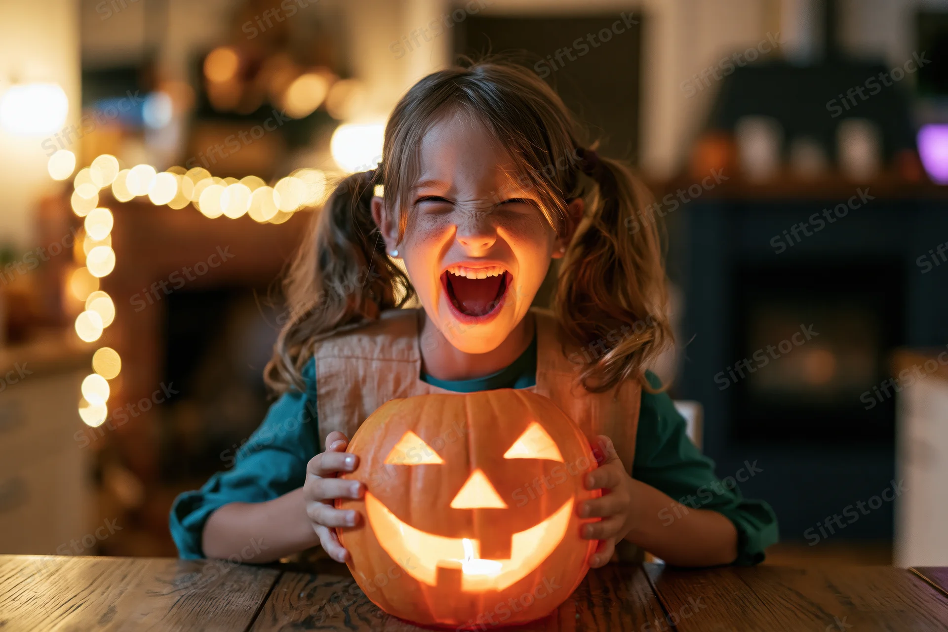 Young girl laughing with a lit jack-o'-lantern on a wooden table at home