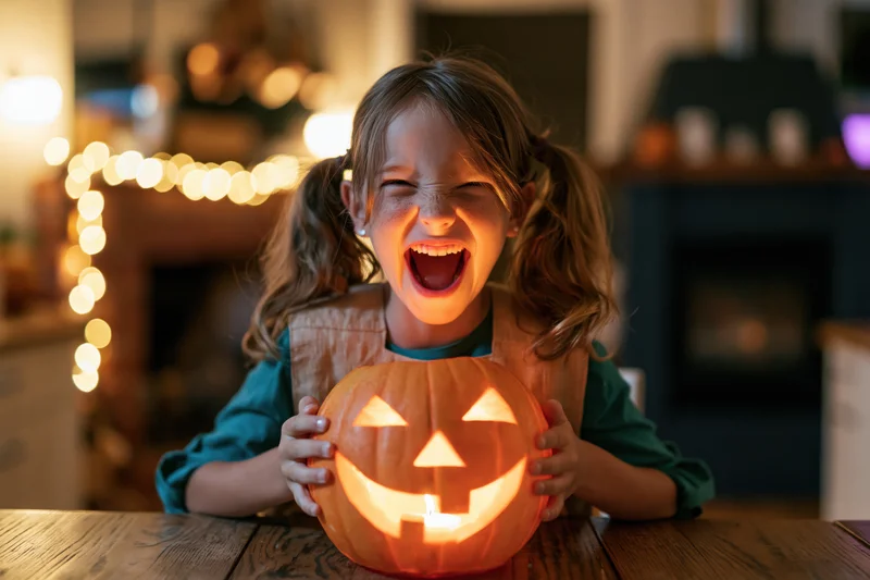 Young girl laughing with a lit jack-o'-lantern on a wooden table at home