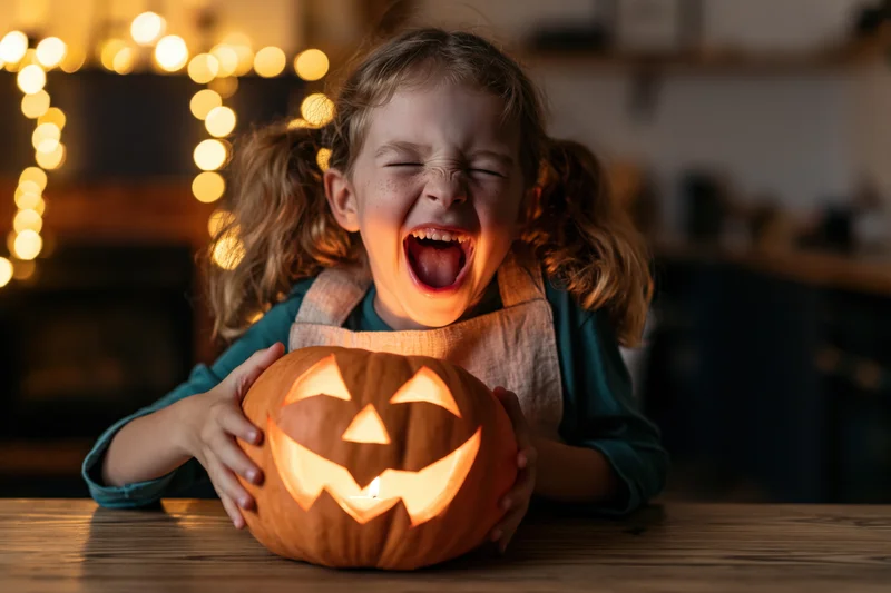 Young girl laughing with mouth open while holding a lit jack-o'-lantern on a wooden table indoors